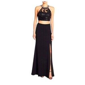 Sequin Hearts Black  2 Piece Sequined Crop Top Satin Tulip Skirt Junior's 3 Hoco